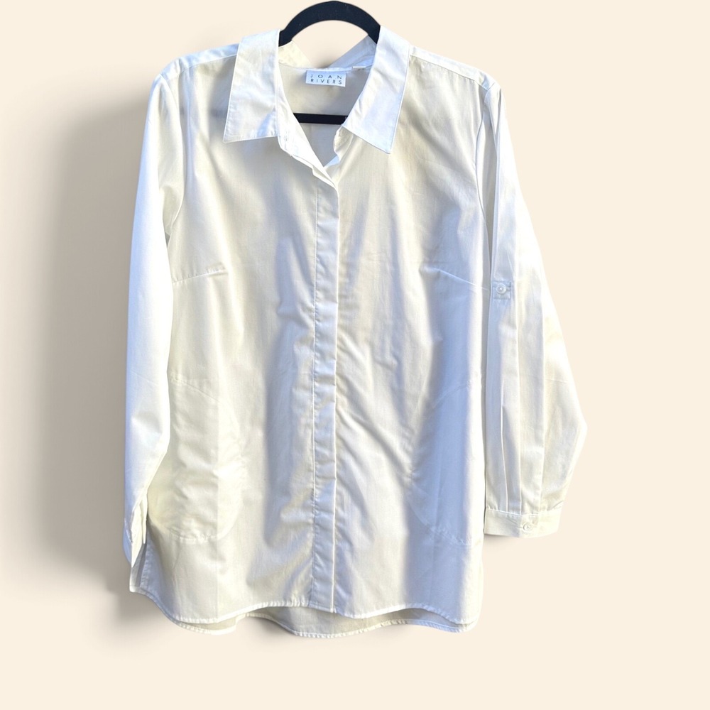 Joan Rivers Womens White Button Down Shirt Roll Tab Sleeve Hidden Placket Size M